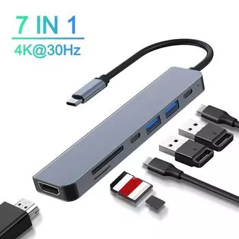 7 в 1 концентратор типа C док-станция USB C в 4K 30 Гц HDMI совместимый адаптер USB 3.0 разветвитель конвертер SD TF кард-ридер для ноутбуков ПК аксессуары 7 IN 1