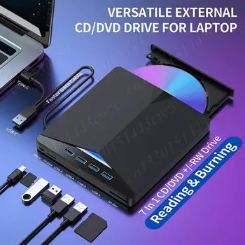 7 в 1 USB3.0 Type-C внешний DVD RW CD привод пишущий плеер ридер высокоскоростной Plug&Play тонкий внешний мобильный привод CD DVD записывающий чёрный