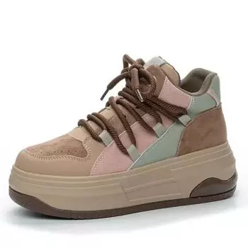 7CM Cloth Synthetic Suede Genuine Leather Platform Wedge Ladies Chunky Sneakers High Brand Autumn Fashion Women Vulcanize Shoes 34 розовый