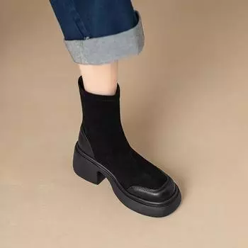 7CM thick heel light sole high heel Huizhou leather short boots 2025 winter velvet thick sole heightening elastic boots versatile and thin 34