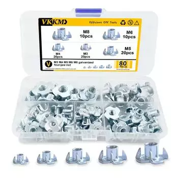 80 galvanized four jaw nuts, 5 sizes M3-M8, suitable for maintenance of wooden furniture