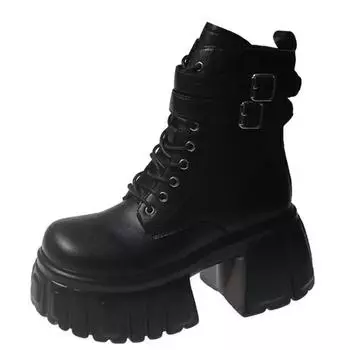 8.5CM 2024 Spring Black Leather Ankle Boots Women Autumn High Platform Shoes Woman Heels Chunky Motorcycle Boots Booties Mujer 34 чёрный