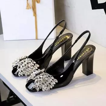 8.5cm Banquet Shallow Mouth Square Head Patent Leather Women s Shoes Shining Rhinestone Bow Thick Heel Back Strap Single Shoes 34
