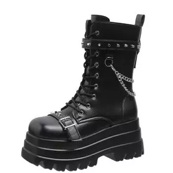 8.5CM New Black Punk Style Women s Boots Wedges Platform Boots Metal Buckle Mid-calf Boots Shoes Woman Gothic Ankle Boot Size 42 35 чёрный