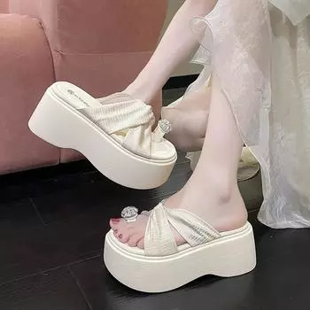 8.5CM Women Clip Toe Chunky Platform Sandals High Heels Gladiator Slippers Woman Fashion Trendy Summer Beach Leisure Flip Flops 35 серебряный