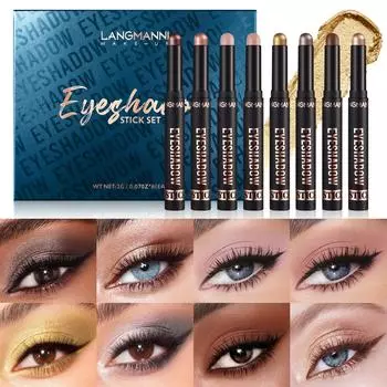 8-цветный набор теней для век 2-в-1 Тени для век Highlight Stick Водонепроницаемая и устойчивая к поту подарочная коробка для макияжа Подходит для ежедневного одевания A