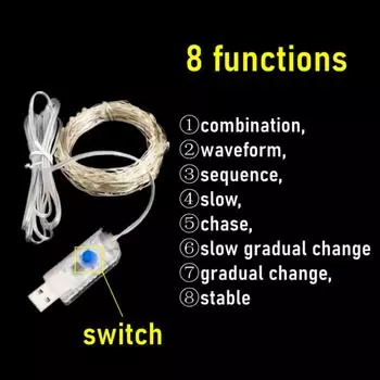 8 Mode Dimmable USB Powered 5M 10M 20M LED Silver Copper Wire String Lights Decorative Christmas Fairy Garlands home decoration 1 m