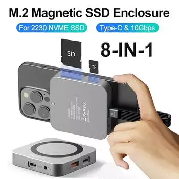 8 в 1 магнитный USB C HUB 2230 M.2 NVMe SSD корпус 10 Гбит/с SSD чехол USB C 3.2 Gen2 на NVMe PCI-E 100 Вт зарядное устройство для Macbook iPhone 16/15 Pro