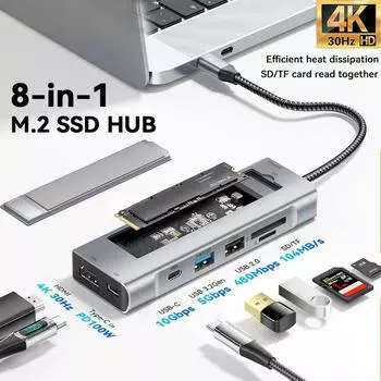 8 в 1 USB-концентратор с функцией хранения на диске M.2 NVMe SATA SSD корпус док-станция типа C адаптер USB C на HDMI