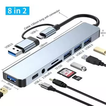 8 в 2 USB-концентратор с разделительным картридером, порт USB C, USB 3.0 / 2.0, разделительный картридер SD/TF, док-станция серый