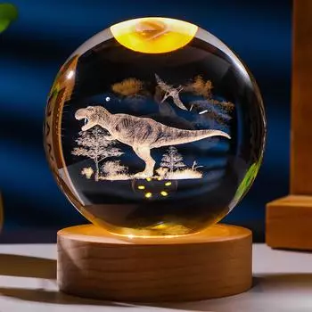 8cm 3D Crystal Ball Crystal LED Night Light Engraved Glowing Crystal Ball with Wooden Base USB Charging Birthday Gift Home Decor