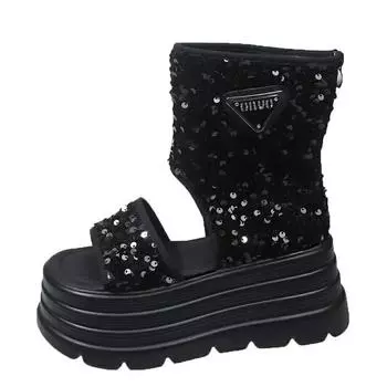 8CM Hollow Platform Flats Sandals Women Bling Punk Shoes Casual Summer Boots Designer Loafers Trend Sport ZIP Sandalias Mujer 34