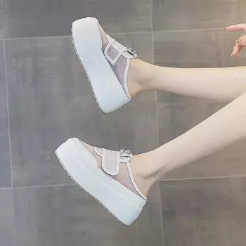 8cm New Air Mesh Round Toe Platform Wedge Hollow Comfy Ladies Women Sandals Slipper Slides Summer Breathable Fashion Shoes 33