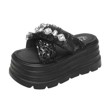 8CM New Lace Peep Toe Slippers Platform Wedge Shoes Stretch Platform Flats Bling Crystal Women Sandals Leather Slip on Fashion 34