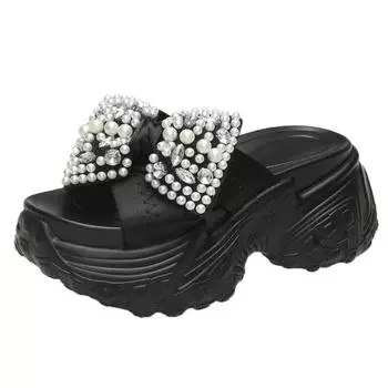 8cm Shiny Rhinestone High Platform Slippers Women Butterfiy-Knot Heels Chunky Sandals Woman Summer Thick Bottom Wedges Slides 34 серебряный