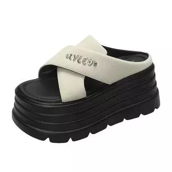 8CM Summer New Leather Peep Toe Platform Flats Women Sandals Leather Slippers Platform Wedge Shoes pink Stretch Slip on Fashion 34