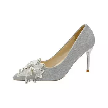 8cm Thin High Heels for Women 2024 Spring Autumn New Designer Fashion Casual Fancy Bow Sequined Pointy Wedding Shoes Ladies 34