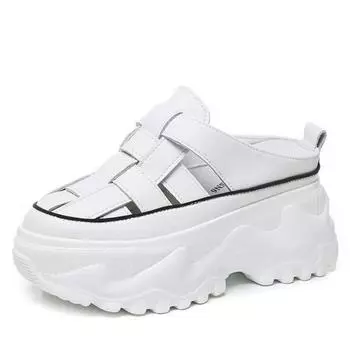 8cm Weave Cow Genuine Leather Chunky Sneakers Women Pumps Hollow Summer Platform Wedge Fashion Sandal Bling Slippers Shoes 34 белый