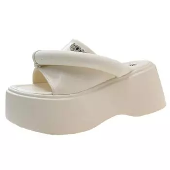 8cm Woman High Platform Synthetic Leather Sandals Platform Wedge Slip on Summer Hollow Fashion Flat Women Slippers Pumps Shoes 34 бежевый