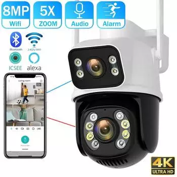 8MP 4K двойной объектив Wi-Fi PTZ-камера умный дом ночного видения двойной экран защита для улицы IP-камера видеонаблюдения приложение ICSEE