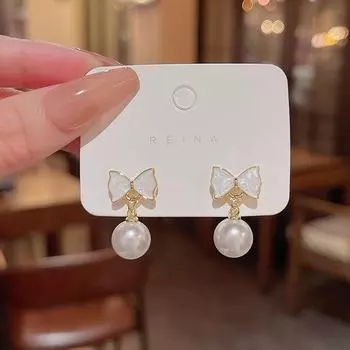 925 Silver Bow Earrings with Pearl - Trendy, Elegant, All-Match Design золотой