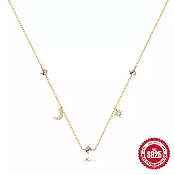 925 Sterling Silver Classic Star Moon Octagram With Colored Diamonds Stacked Women S Necklace Collarbone Chain 925 silver золотой