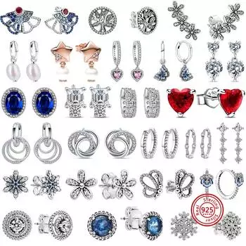 Серьги из стерлингового серебра 925 пробы с красным сердцем, синей бабочкой, прозрачным цирконием, цветком, жемчугом, сверкающими серьгами-гвоздиками для женщин, изящные ювелирные изделия с подвесками CHINA