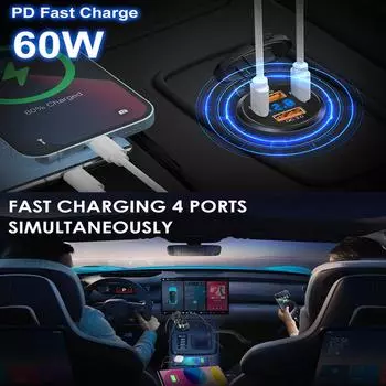 96W Car Charger Power Outlet Socket Dual QC3.0 USB & Dual PD3.0 Type-C Fast Charging Outlet with LED Voltmeter For 12-24V Cars зеленый свет