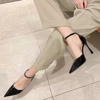 99 high heeled sandals new patent leather commuter stiletto high heels professional ol baotou hollow sandals women 34 чёрный
