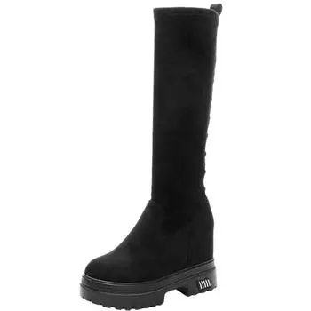9.5cm Stretch Fabric Platform Wedge Sock Knee High Women Plush Winter Knitted Boots Autumn Spring Slip on Microfiber Shoes 34