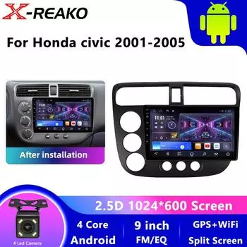 9-дюймовый беспроводной автомобильный радиоприемник для Honda Civic 2001-2005 с сенсорным экраном CarPlay Android Auto Car Video Player с GPS-навигацией, камерой USB 4 core 1GB+32GB carplay