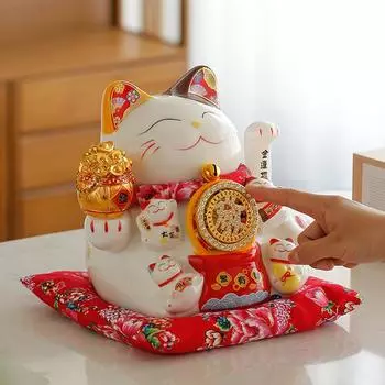 9-дюймовый керамический манящий кот Манеки Неко Украшение Фэн-шуй Качели Удачливый кот Работает от батареи / USB
