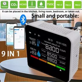 9 в 1 CO2 Meter Монитор качества воздуха APP BT Детектор углекислого газа TVOC HCHO PM2.5 PM1.0 PM10 Датчик температуры и влажности CO2 белый