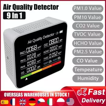 9 в 1 монитор качества воздуха CO2 измеритель CO TVOC HCHO PM2.5 PM1.0 PM10 измерение температуры и влажности детектор углекислого газа белый