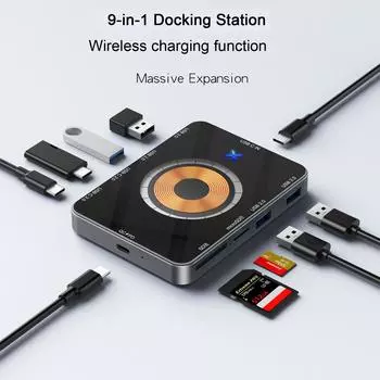 9-в-1 USB C-концентратор 5 Гбит/с Тип C док-станция 15 Вт Беспроводная быстрая зарядка TF/SD кард-ридер QC/PD вход питания для телефона компьютера чёрный