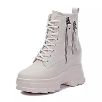 9CM Genuine Leather New Platform Wedge Autumn Winter Mid Calf Ankle Motorcycle Booties Non Slip Hidden Heel Women Zipper Shoes 34 бежевый
