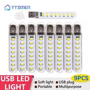 9 шт. 3/8 светодиодных ламп, мини-портативная USB-светильник для чтения, мощность 5 В, 3000 К-7000 К, ночник для ПК, ноутбука, мобильного внешнего аккумулятора 9PCS