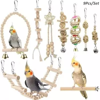 9Pcs/Set Bird Parrot Swing Toys Chewing Standing Hanging Perch Hammock Climbing Ladder Bird Cage Toys for Small Medium Birds 9Pcs/Set