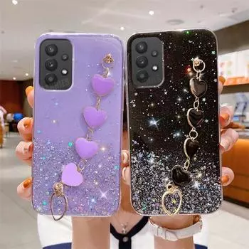 A 52 53 23 Блестящий чехол с цепочкой на запястье Love Heart для Samsung Galaxy A52 A53 A23 A13 A32 A72 A73 A33 4g 5g силиконовый чехол для браслета A32 4G