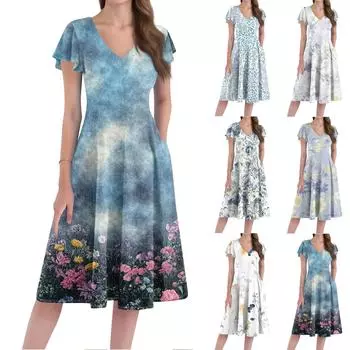 A Casual And Fashionable V-Neck Short-Sleeved Medium-Length Dress With Floral Prints For Women XXL синий