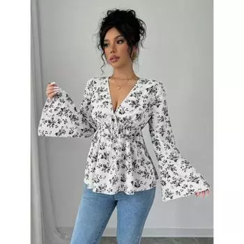 A Fresh and Sweet Autumn Style, High-waisted Printed and Youthful Floral Shirt Top for Women In Autumn and Winter S чёрный
