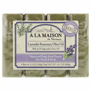 A La Maison de Provence, Hand and Body Solid Soap, Lavender Rosemary Olive Oil, 4 Bars, 100g (3.5oz) Each