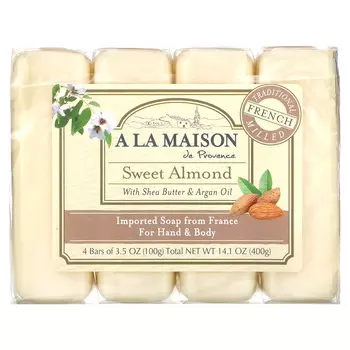 A La Maison de Provence, мыло для рук и тела, сладкий миндаль, 4 упаковки по 3,5 унции каждая