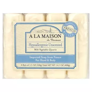 A La Maison de Provence, мыло для рук и тела, гипоаллергенное и без запаха, упаковка из 4 штук, 3,5 унции (100 г) Каждый