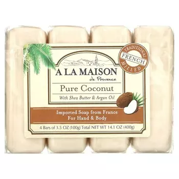 A La Maison de Provence, мыло для рук и тела, чистый кокос, 4 упаковки по 3,5 унции каждая