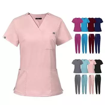 A Set Nurse Uniform Set V-neck Elastic Surgical Gown Polyester Fiber Hospital Nurse Uniform Short Sleeved XS чёрный