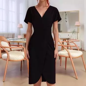 A Sexy V-neck Slit Short-sleeved Dress for Women In Summer S чёрный