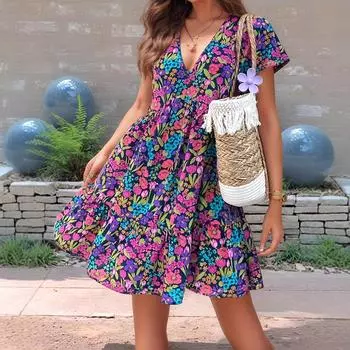 A Short-sleeved Dress with Printed and Floral Patterns for Spring and Summer Women s Wear S фиолетовый
