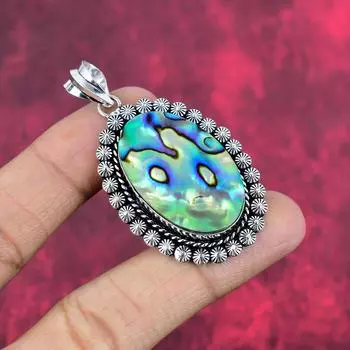 Abalone Shell Pendant, 925 Solid Sterling Silver Jewelry, Gemstone Pendant, Gift For Her Handmade Dainty Jewelry 2.28 Inches синий