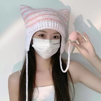 Abi Wind Handmade Baotou Ears Striped Devil Теплый пуловер Вязаная шерстяная шапка для женщин (55-60Cm) Wool material is elastic розовый